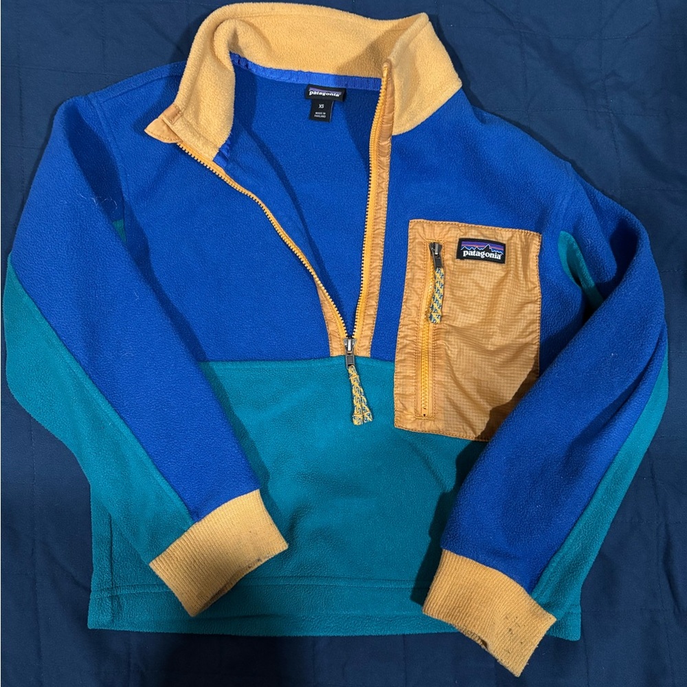 Patagonia Kid Blue, Yellow, and Teal Zip-Up Sweater